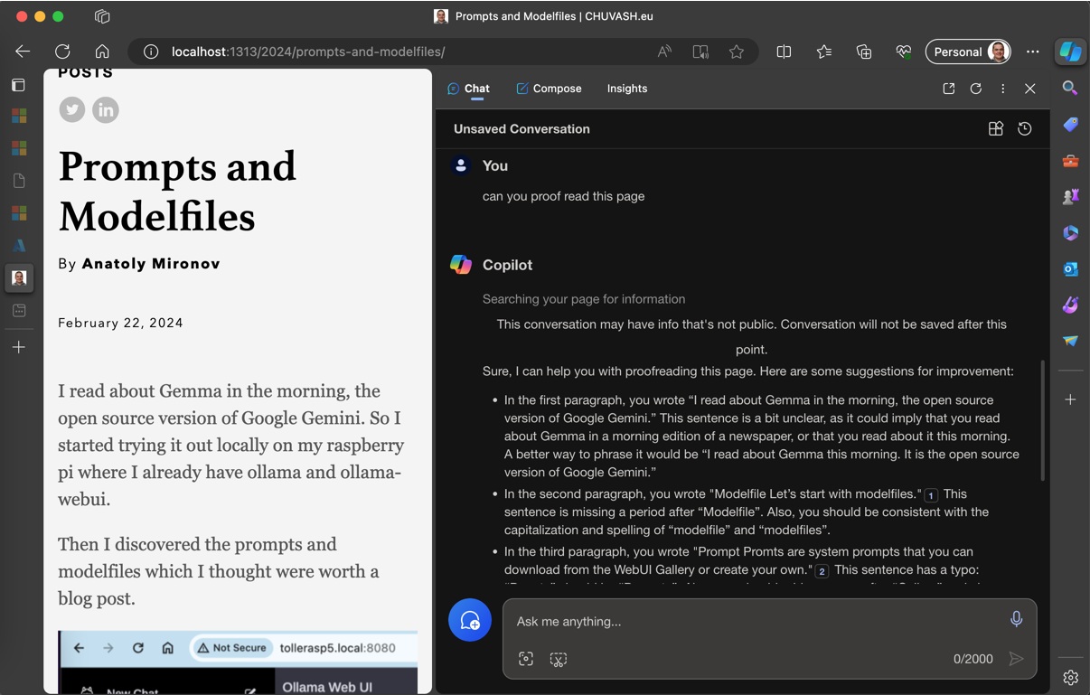 how proofreading looks like in Edge Copilot Sidebar