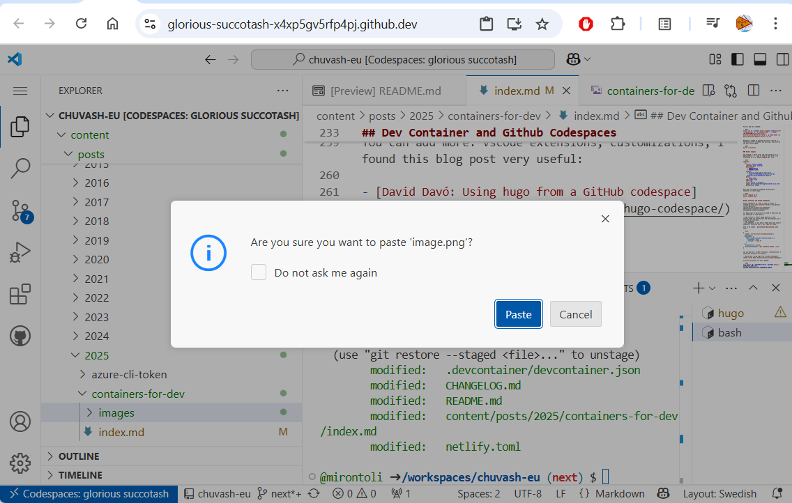 pasting an image in a dev container in the browser
