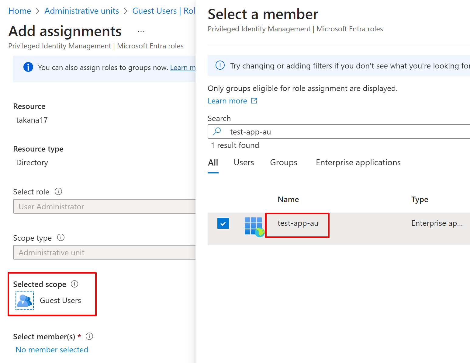 screenshot of the role assignment process